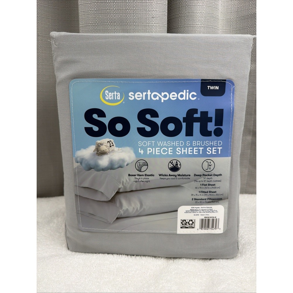 Serta Sertapedic Grey 4pc Twin Sheet Set So Soft Deep Pocket Boxer Hem Elastic